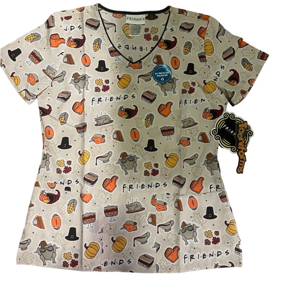 tooniforms Tops - Tooniforms Friends Gathering Women's 3-Pocket STRETCH V-Neck Print Scrub Top